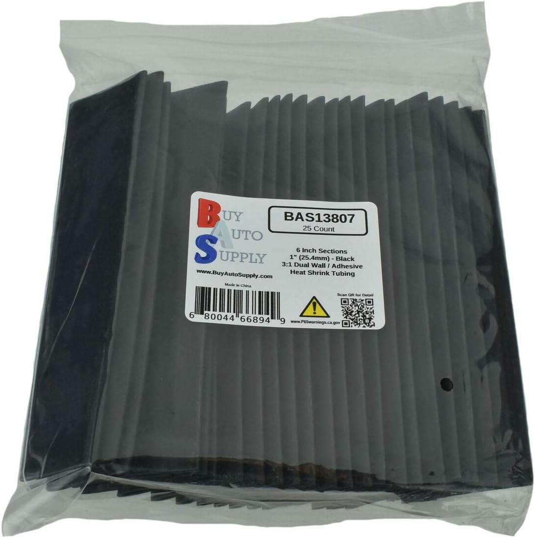 Buy Auto Supply # BAS13807 (25 Count) 1" Inch Black Heat Shrink Tubing Dual Wall Adhesive Lined 3:1, Automotive & Marine Grade - Size: I.D 1" (25.4mm) - 6 Inch Sections