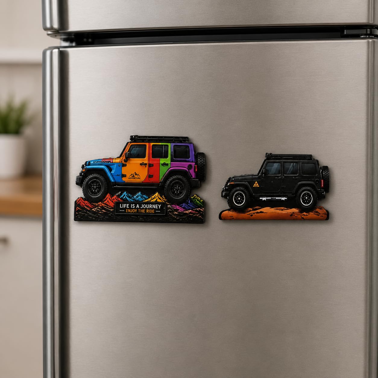 Off-Road SUV Fridge Magnet, Adventure Theme, Multicolour | Colorful & Black Design, Mountain Scenery, Inspirational Quote, Refrigerator Decor, Pack of 2-image-16