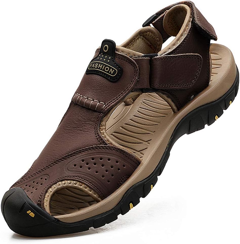 Mens Leather Sandals - Outdoor Hiking & Waterproof Athletic Sports Sandals - Fisherman Beach Shoes with Closed Toe
