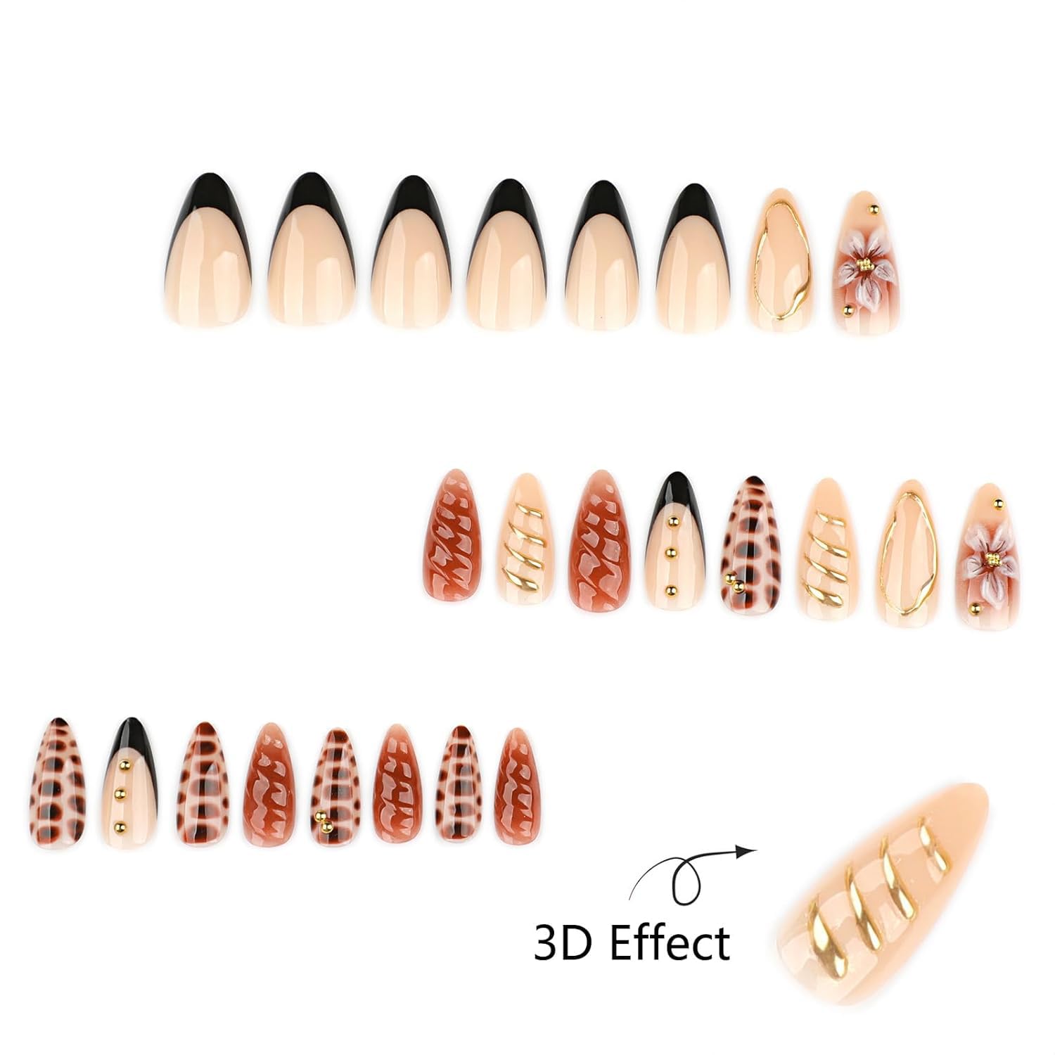 Flower Press On Nails Medium Square Gold Pearl Star Nude Pink_voghion.com