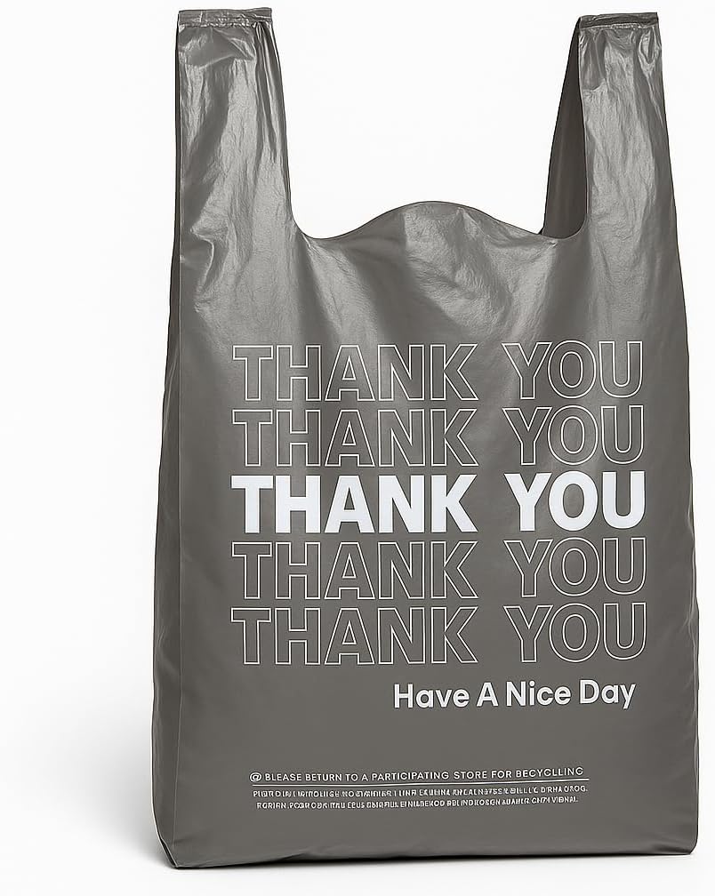 1000 Count Black Plastic Grocery Retail Shopping Bag - 1/8 Medium Size Thank You Bag Print