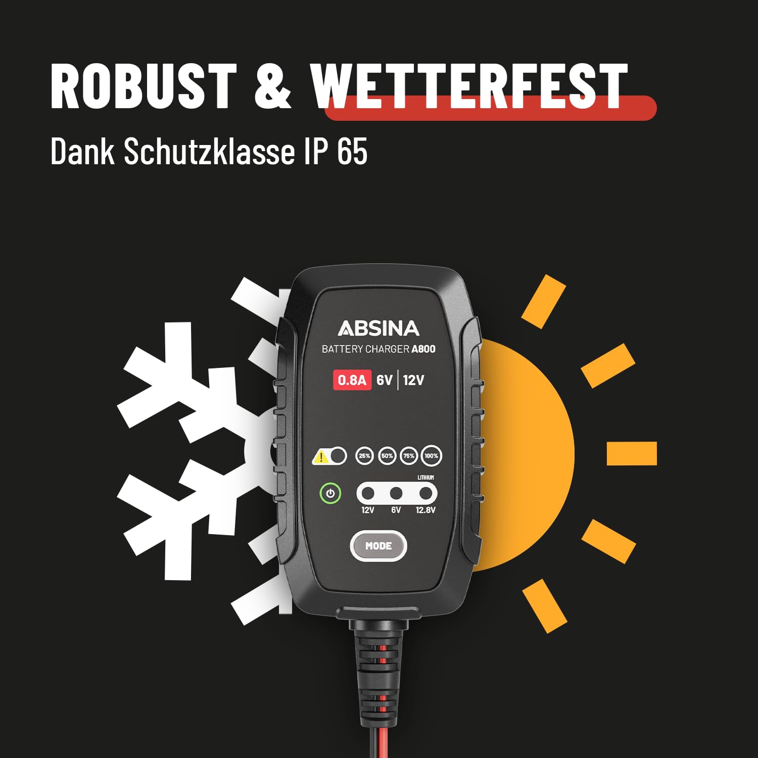 ABSINA Roller & Motorrad Batterieladegerät vollautomatisch mit 800mA - AGM Ladegerät 6V & 12V Blei Batterie bis 26Ah / 12,8V Lithium bis 15Ah - Ladegerät Motorradbatterie mit 3,4m Kabel