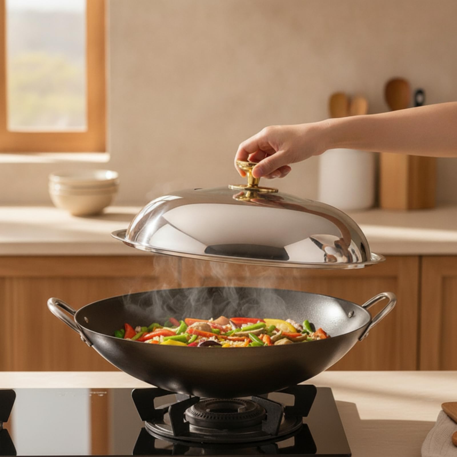 Baoblaze Tapa para Cocina de Sartén Tapa con Visor de Vidrio y Estructura Robusta en Acero Inoxidable 304 con Mango Ergonómico, 42cm, Mango De Pie, Material 304 Puro
