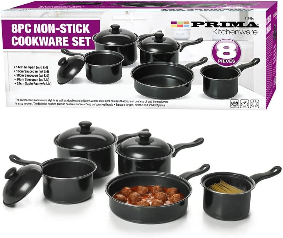 8pc Cookware Set with Lids & Bakelite Handle - Carbon Steel Non Stick Cooking Pan Saucepan Set Pot and Frying Pans | Suitable for Gas, Electric, Halogen, Solid Hotplates - Tempered Glass Lid, Black