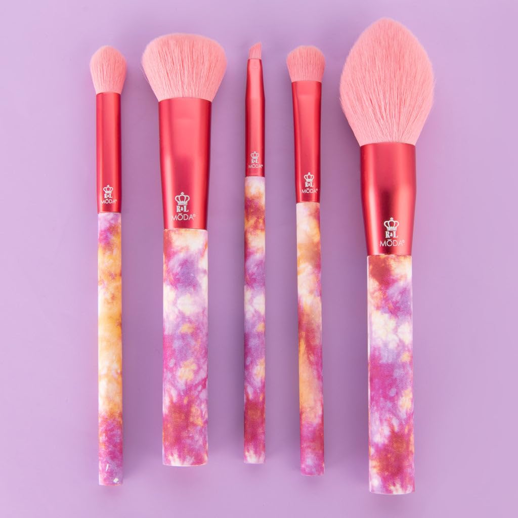 MODA Tie Dye, 5pc Full Face Makeup Brush Set, Includes - Blush, Complexion, Shadow, Crease, & Liner Brushes, Calming Coral
