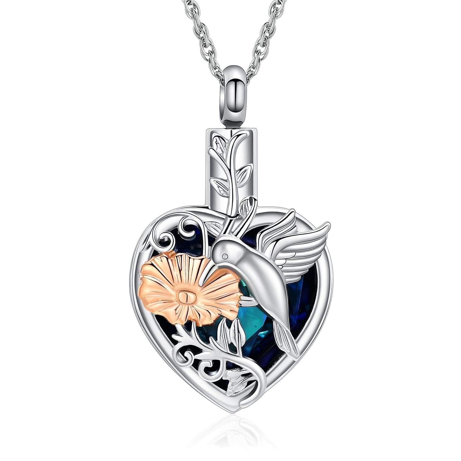 QGJNSGC Cremation Jewelry Hummingbird Urn Necklace for Ashes Necklace for Human Ashes Keepsake Memorial Cross Urn Necklaces for Ashes of Loved Ones Cat Pet (Silver Gold-blue) - Image 2