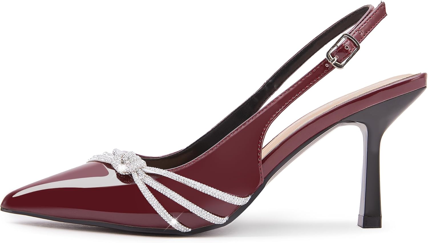 CAMSSOO Women's Slingback Kitten Heels Patent Leather Closed Pointed Toe Stiletto Pumps with Rhinestones Dress Shoes Party Prom Wedding - Image 7