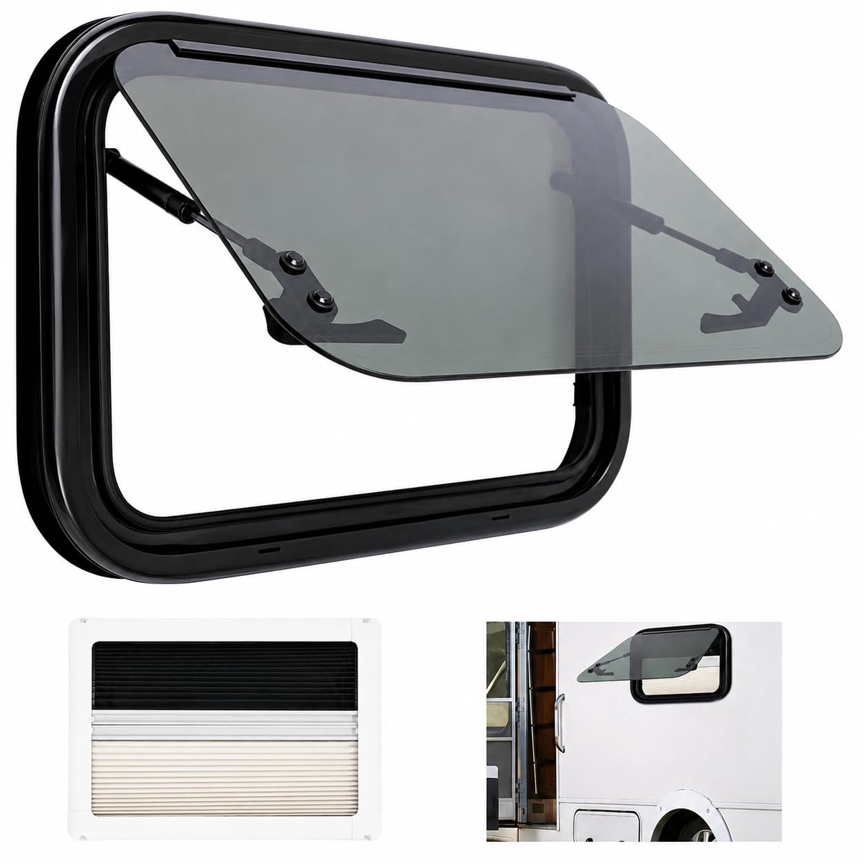 Wohnwagen Seitenfenster 500x350mm Ausstellfenster Caravan 85° | Aluminiumrahmen, 18% Lichtdurchlässigkeit, mit Fliegengitter und Integriertem Rollo, Universelles für Camper, usw.