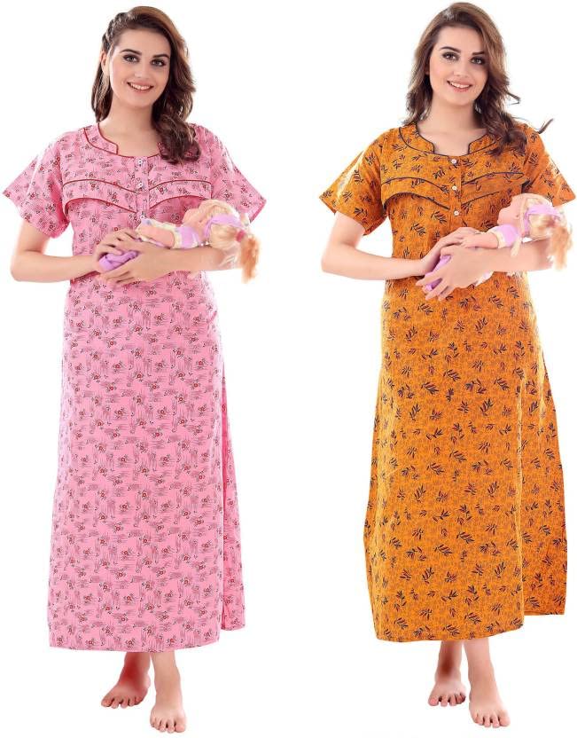 Feeding Combo of 2 Pieces Each Nighty with Buttons on Neck for Comfortable Wearing and Zips on Front Side for Feeding Purpose in Mix Cotton Fabric in Latest Prints (Free Size) Pack of 2