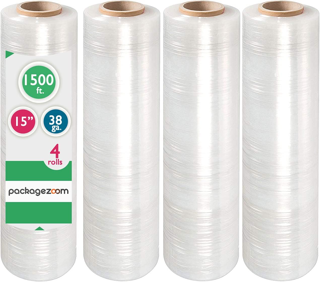 PackageZoom 15” x 1500 ft Pre-Stretched Wrap Film 38 Gauge Moving Supplier and Packaging Stretch Wrap 16 Packs