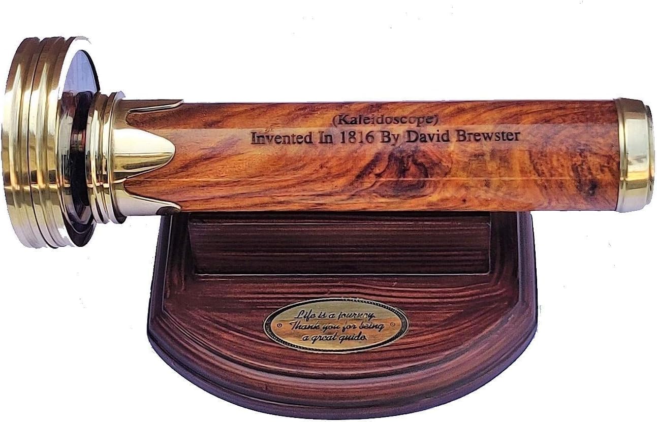 Personalized Wooden Kaleidoscope with Brass Finish – Custom Engraved Vintage Style Kaleidoscope – 6 Inch Decorative Optical Toy Gift