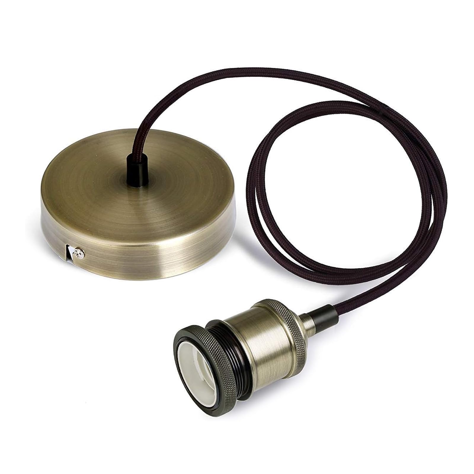 Antique Brass Pendant Light Fitting, Metal E27 Lamp Holder With Lock Ring