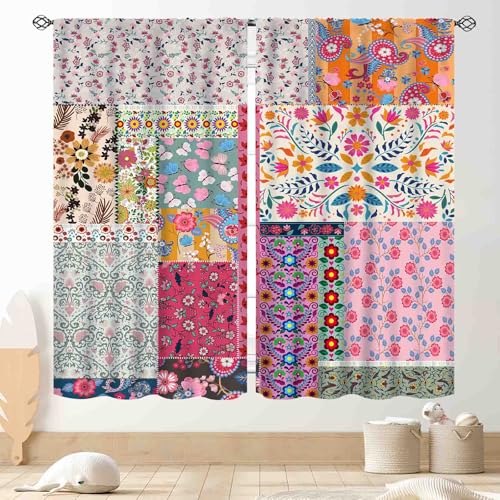 TKUYO Patchwork Floral Curtains, Boho Vintage Flower Bohemian Colorful Spring