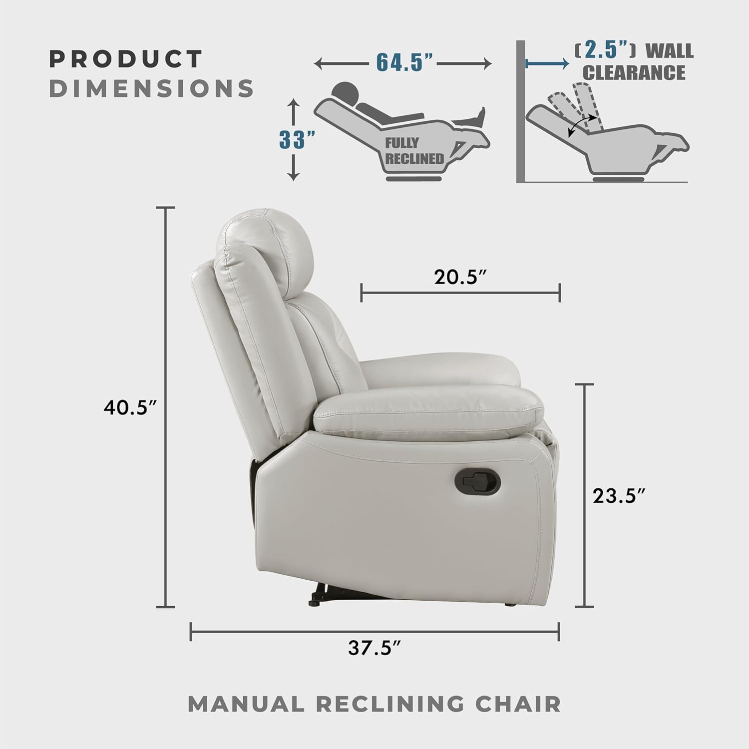 Lexicon Recliner Chair Leather Match Recliner with Pillow Top Armrests, Home Theater Seating, Wall Hugger Recliners Manual Recliner Chair for Living Room/Office/Apartment, Light Grey