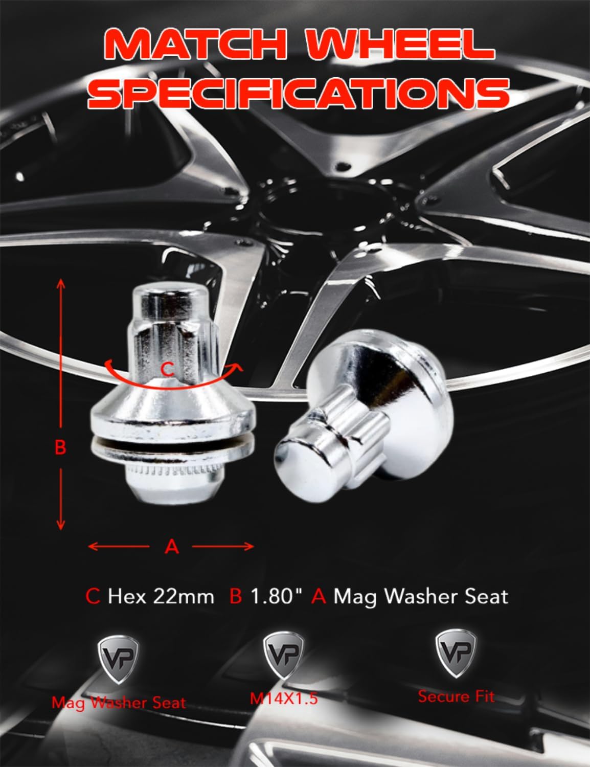 Set of 4 Veritek 14x1.5mm 1.85 Inch 47mm Length w/ 2 Keys 22mm 21mm Key Hex OEM Mag Washer Style Factory Replacement Chrome Wheel Locks for Toyota Sequoia Landcruiser Tundra Lexus LX VPE-45900N2CH