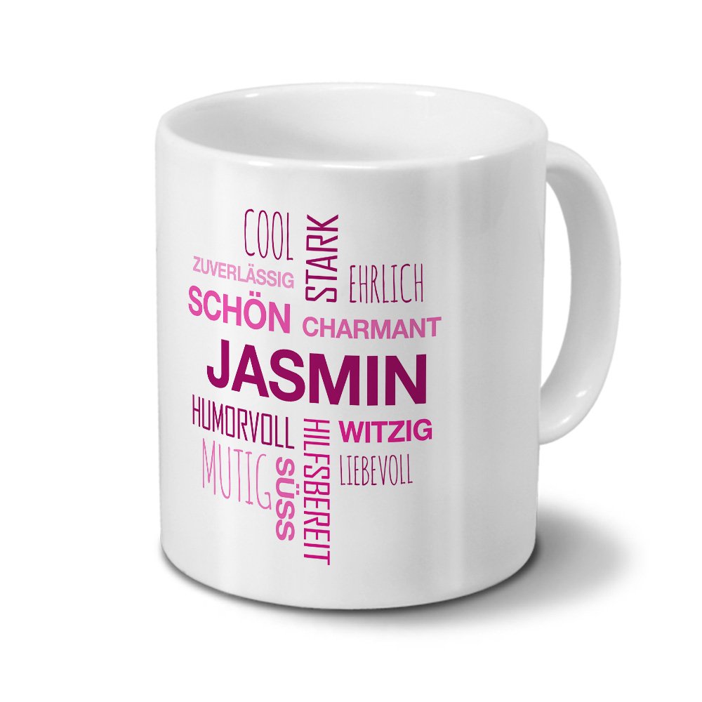 Personalisiert: Kaffeetasse Mit Namen Yasemin & Positiven Eigenschaften Als Tagcloud – Spülmaschinenfest, 325ml, Schwarzes Design