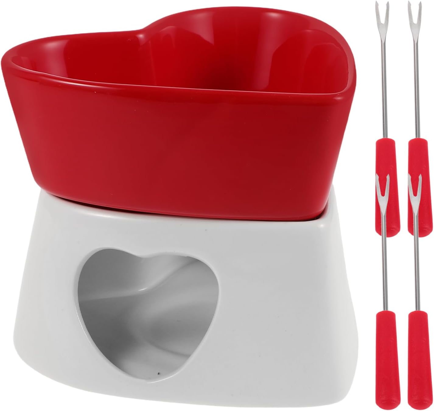 PRETYZOOM 1 Set Heart Shaped Ceramic Chocolate Melting Pot Fondue Pot for Cheese Butter Desserts with Forks for Family Gatherings Parties Romantic Dinners