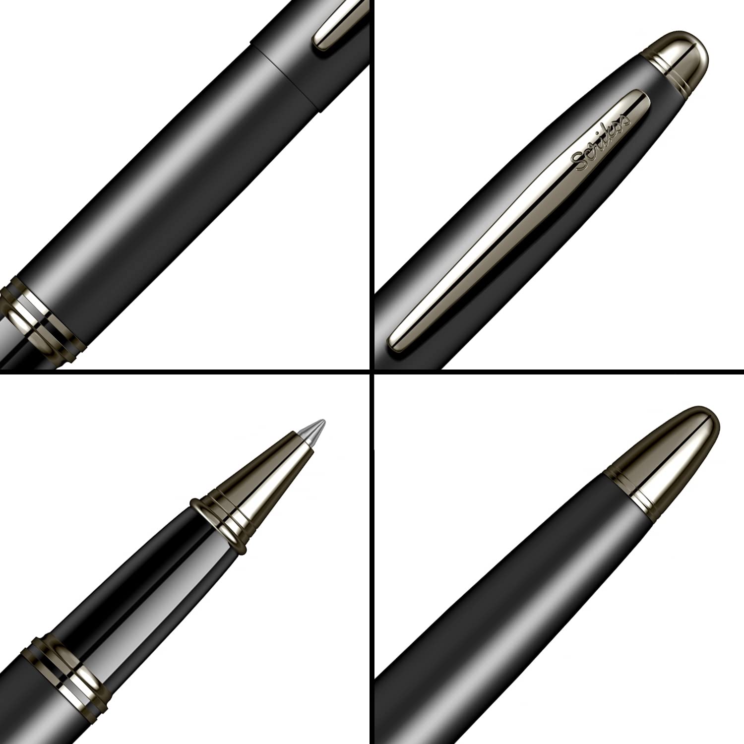 Scrikss Penna a sfera roller | corpo in acciaio inox nero | accessori in ottone placcato oro | Knight 88 Series | design moderno ed elegante | ideale per ufficio, casa, università, regali