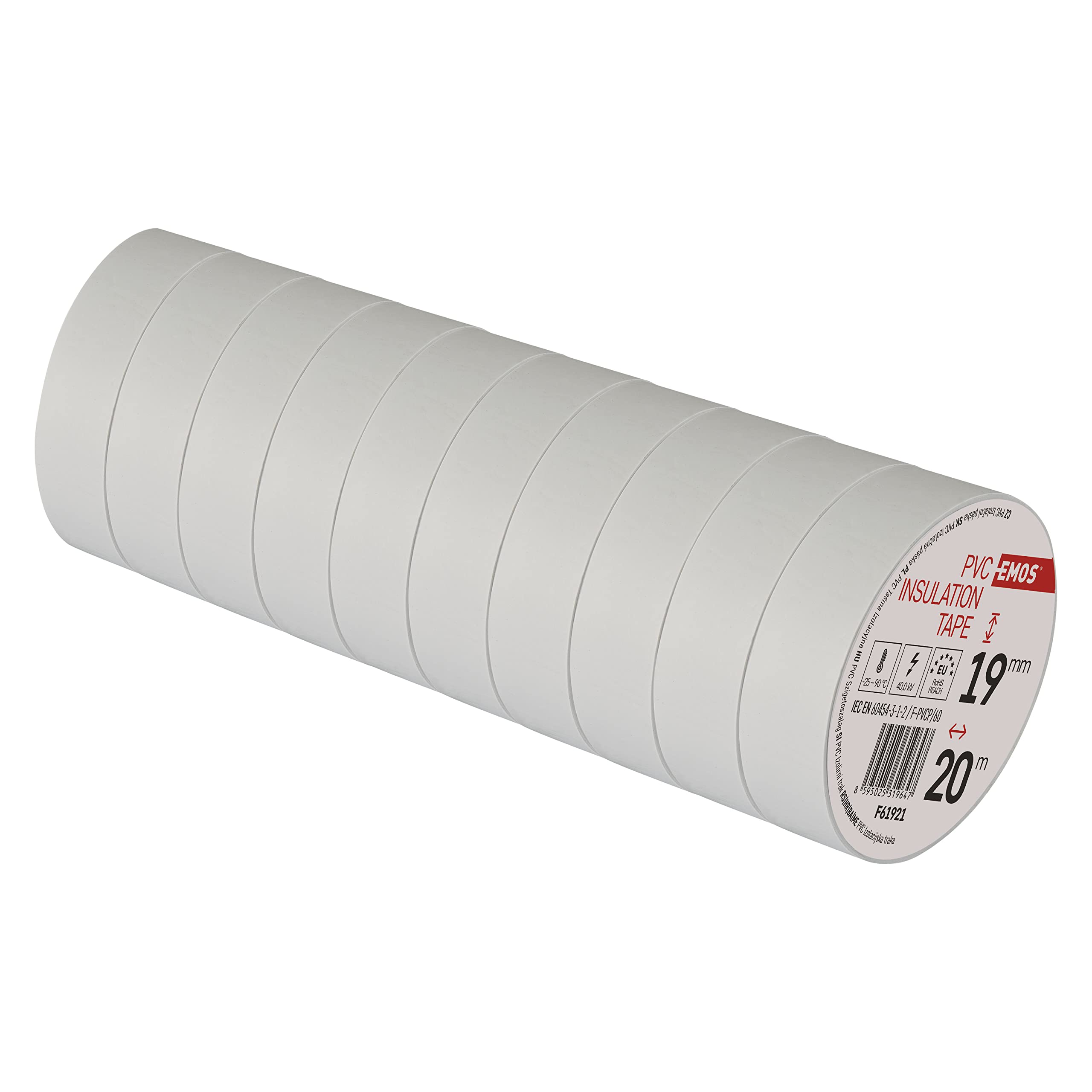 EMOS PVC-Isolierband Weiß 10er Pack, 19mm x 20m, 0,13mm Bandstärke, selbstklebend, hohe Spannungsfestigkeit und Anwendungstemperaturbereich, UV-beständig, wasserdichte Verbindung, ohne Textilgewebe