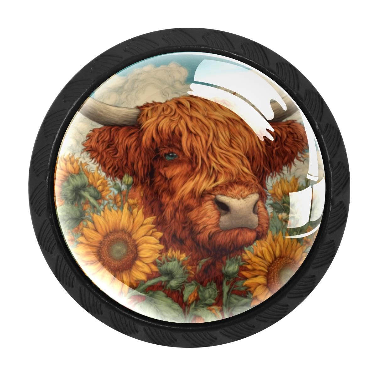 4 PCS Cabinet Knobs, Highland Cow Sunflower Drawer Knobs Dresser Handles
