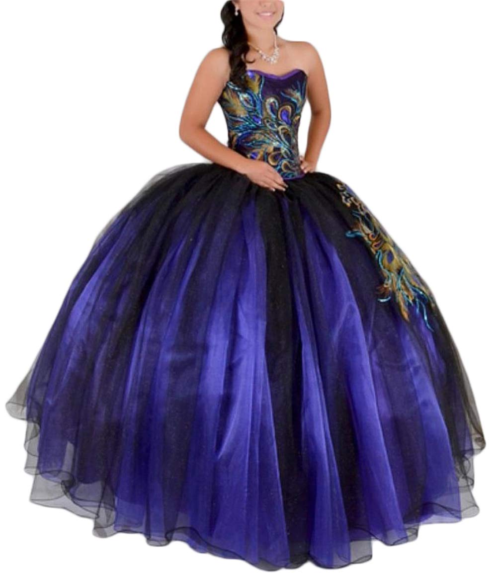 FTBY Women's Peacock Purple Ball Gown Tulle Quinceanera Dresses with Appliues Long Formal Prom Gowns