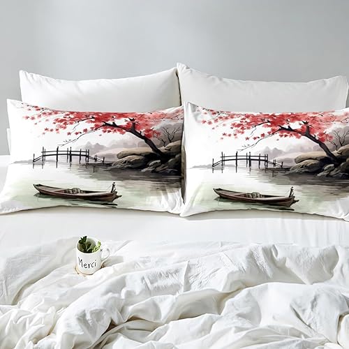 Miniatura 4 de Erosebridal Sábana bajera ajustable de estilo japonés, tamaño Queen, 3 piezas, hojas de cama de flor de cerezo, pintura de tinta de acuarela,