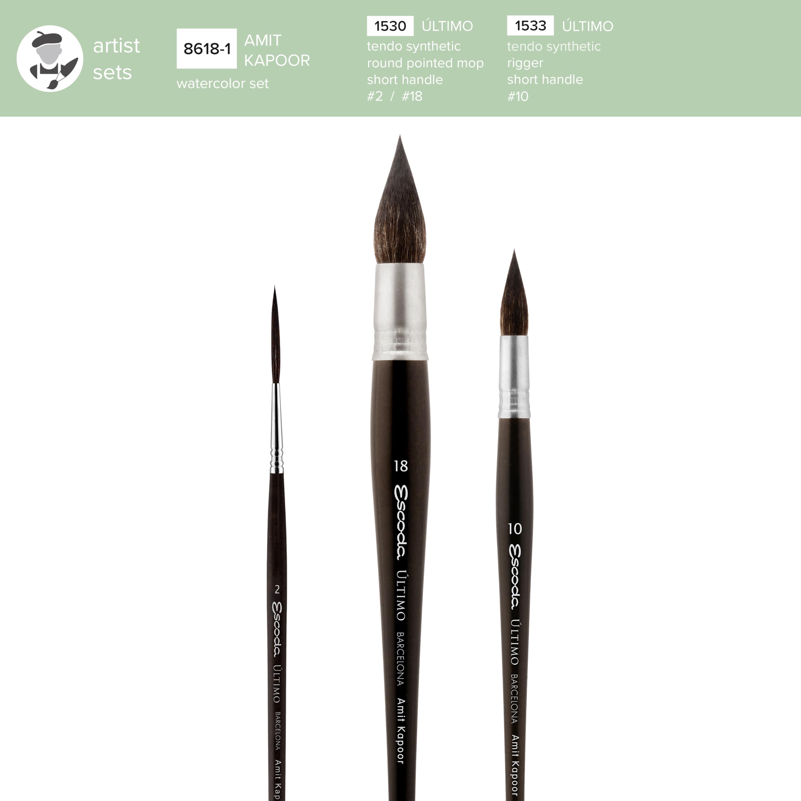 Escoda Signature Artist Aquarell-Pinsel-Set, Amit Kapoor Set #1, inklusive Ultimo (Synthetisches Eichhörnchen), Mopp, Größe 10 und 18, Ultimo Long Liner Größe 2