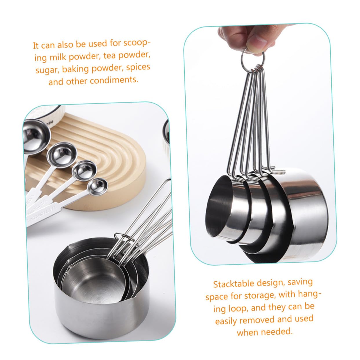 8 piezas Cucharas y Tazas Medidoras de Cocina de Acero Inoxidable con Grabado Diseño Apilable y Gancho Especias y Repostería Utensilios Precisos y Duraderos