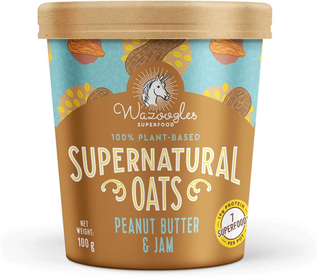 WazooglesSuperfood Instant Oats Pot – Peanut Butter & Jam, 100g | Refined Sugar Free | Gluten Free | Vegan | Instant | On The Go Breakfast| 7 Superfoods Per Pot | 19g Protein