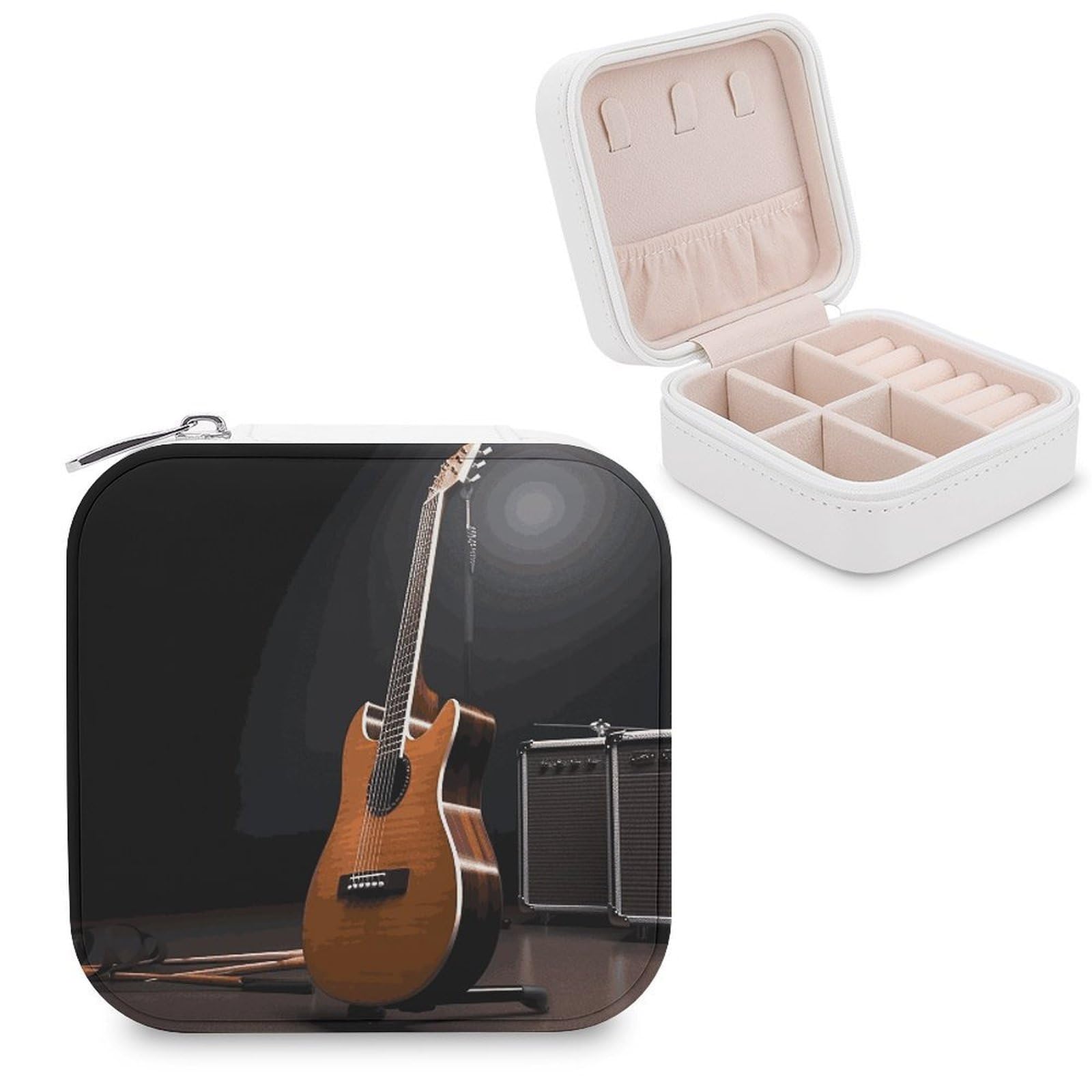 FekiLoot Musical Instrument Guitar Jewelry Box Custom Jewelry Travel Case Pu Leather Trinket Organizer Box to Organize Ring Pendant Earring Small Portable Jewelry Storage Holder for Women