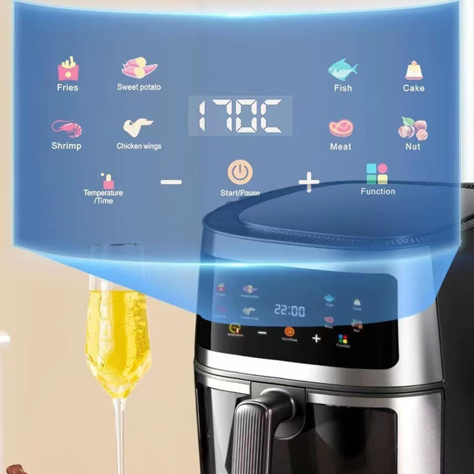 8L Duża Pojemność Cyfrowa Frytkownica Beztłuszczowa, 8 Gotowych Dotykowych Ustawień, Moc 1400 W, Stal Nierdzewna Frytkownica Beztłuszczowa/Nero Stabilize
