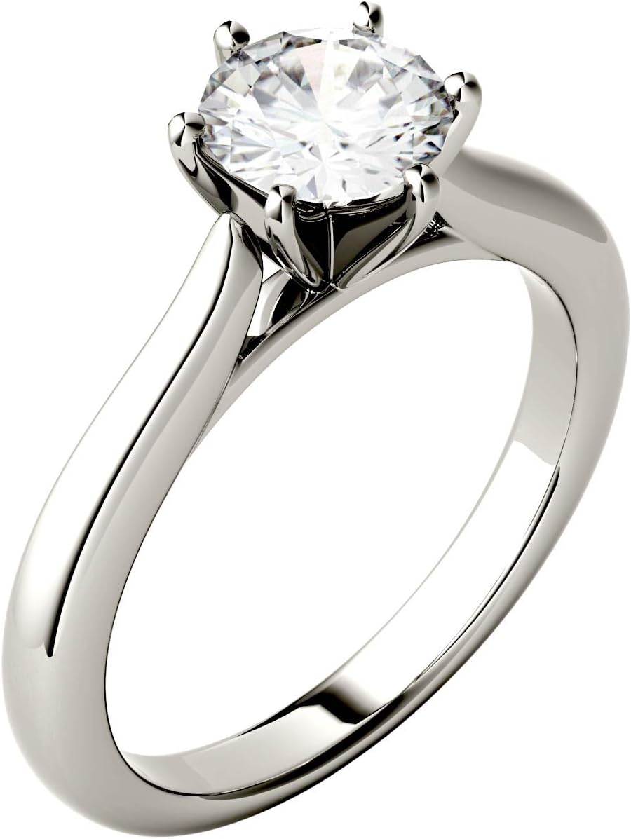 Charles & Colvard Created Moissanite 6.5mm Round Cut Solitaire Engagement Ring for Women | 1 cttw DEW | Lab Grown | Solid 14K White Gold with Rhodium