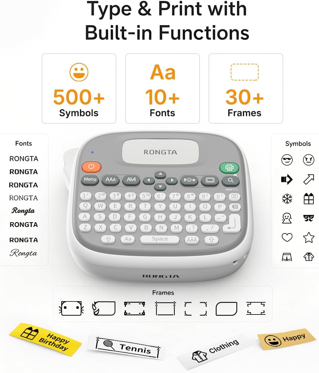 Rongta Label Maker Machine with Tape, Label Maker Waterproof with QWERTY Keyboard, TM95 12mm Portable Labeler for Home Organization, Office or School Supplier (Label Maker with 1 Tape, White)