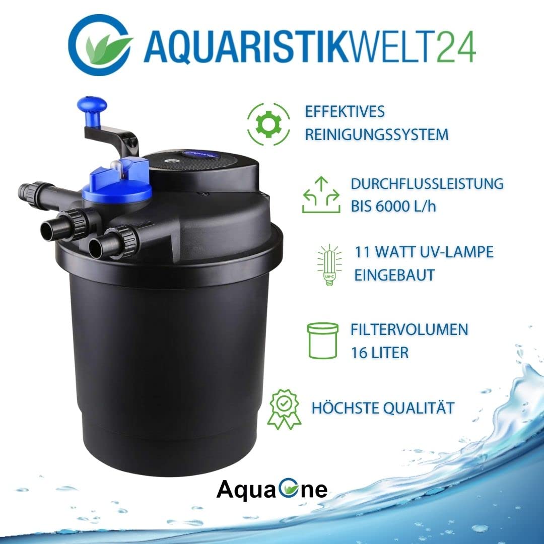 AquaOne Druckteichfilter CPF-2500 I Teichfilter für Teiche bis 6.000 Liter I Bio Teich Filter inkl.11 Watt UVC Klärer mit Kurbelreinigung I schwebealgenfreies klares Wasser