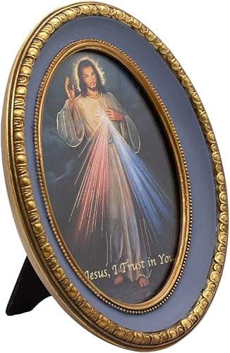 Miniatura 9 de Arte religioso en tono dorado ovalado y marco azul colocado en cualquier superficie plana de tu hogar gran regalo católico para la primera comunión