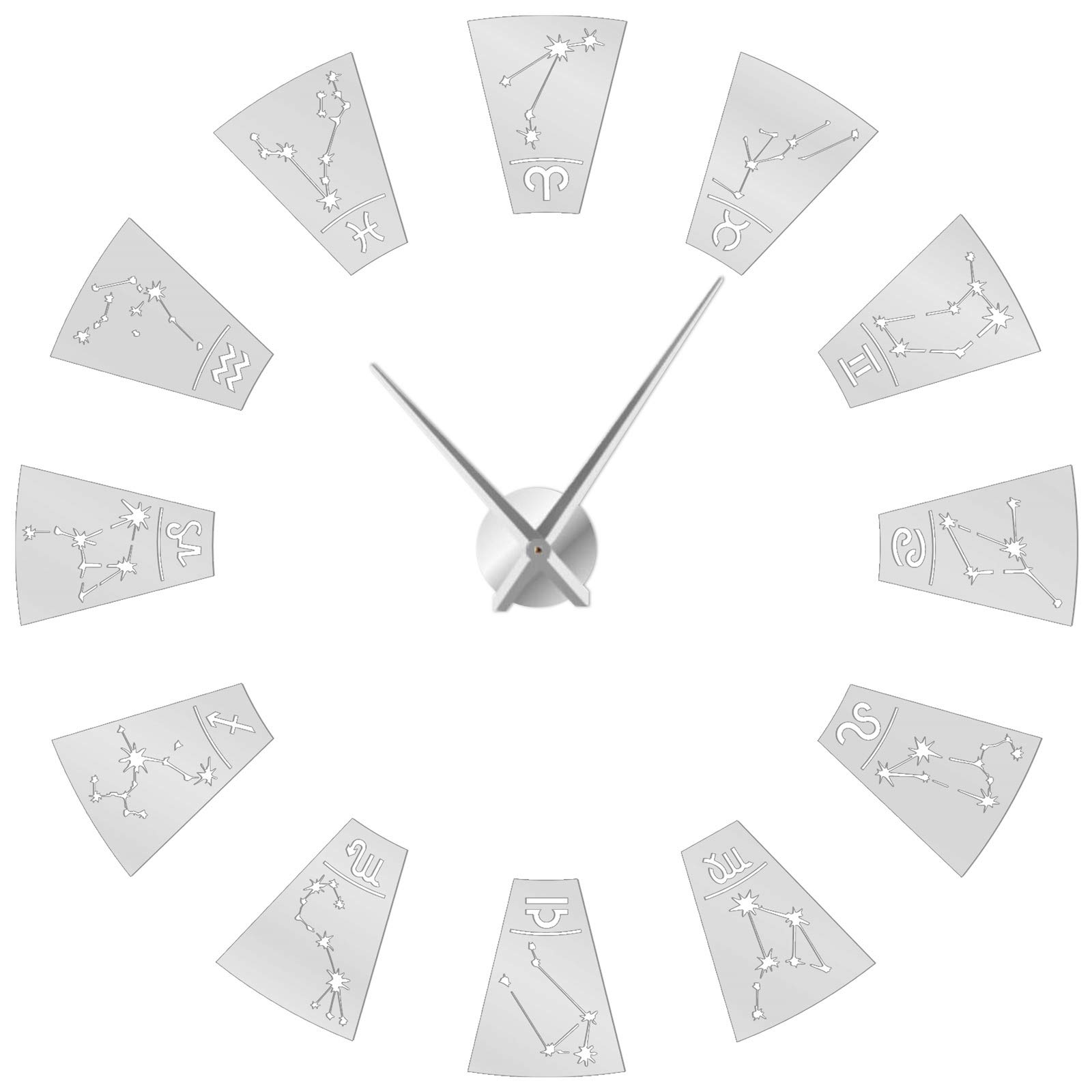 Grande horloge murale silencieuse argentée 70cm avec stickers miroirs constellations