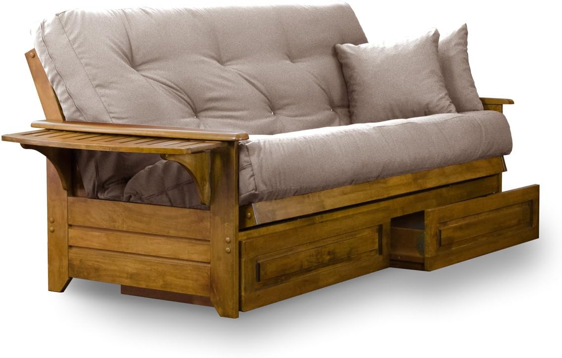 - Nirvana Futons Brentwood Tray Arm Futon Frame, Drawers, and Microfiber Khaki Mattress Set - Full, Heritage Finish
