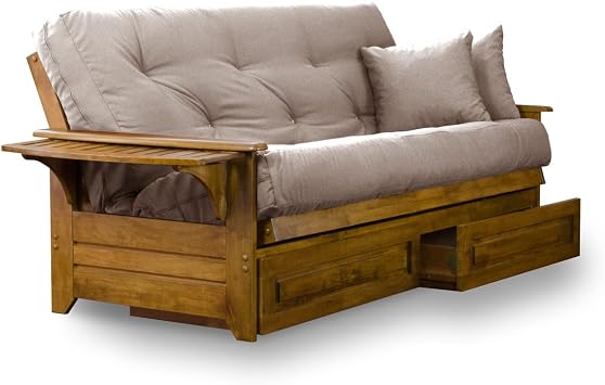 Nirvana Futons Brentwood Tray Arm Futon Frame, Drawers, and Microfiber Khaki Mattress Set - Full, Heritage Finish