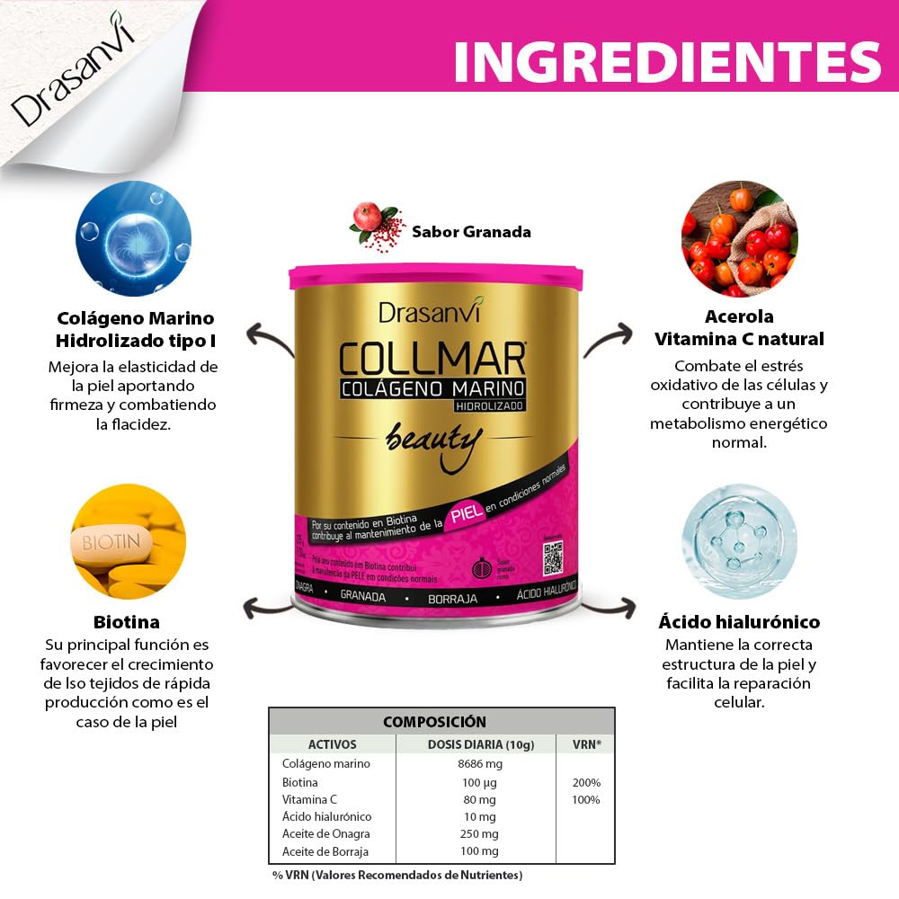 Drasanvi Colágeno Marino Hidrolizado Beauty 2 x 275 g | Ácido Hialurónico + Biotina + Vitamina C Natural | Elasticidad, Firmeza y Luminosidad de la Piel | Sin Gluten | Sabor Granada