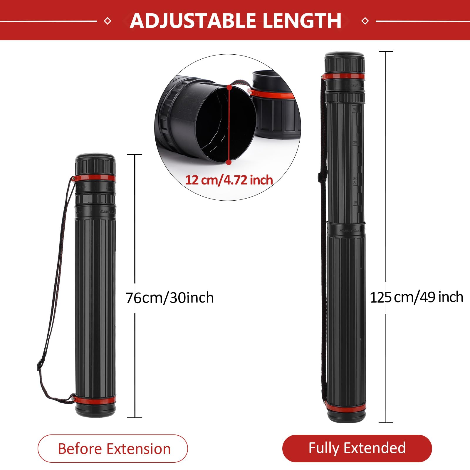 DEWEL Adjustable Poster Tube 76-125 CM, Diameter is 12 CM, Large Plastic Black Fishing Rods Storage Tube - Image 3