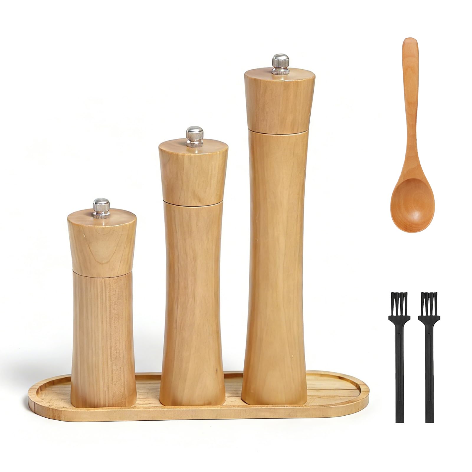 Molinillos Manuales de Madera Juego de 3 Piezas (6, 8 y 10 Pulgadas) con Bandeja de Madera para Sal Pimienta Chile y Especias con Muela de Cerámica Ajustable y Fuerte
