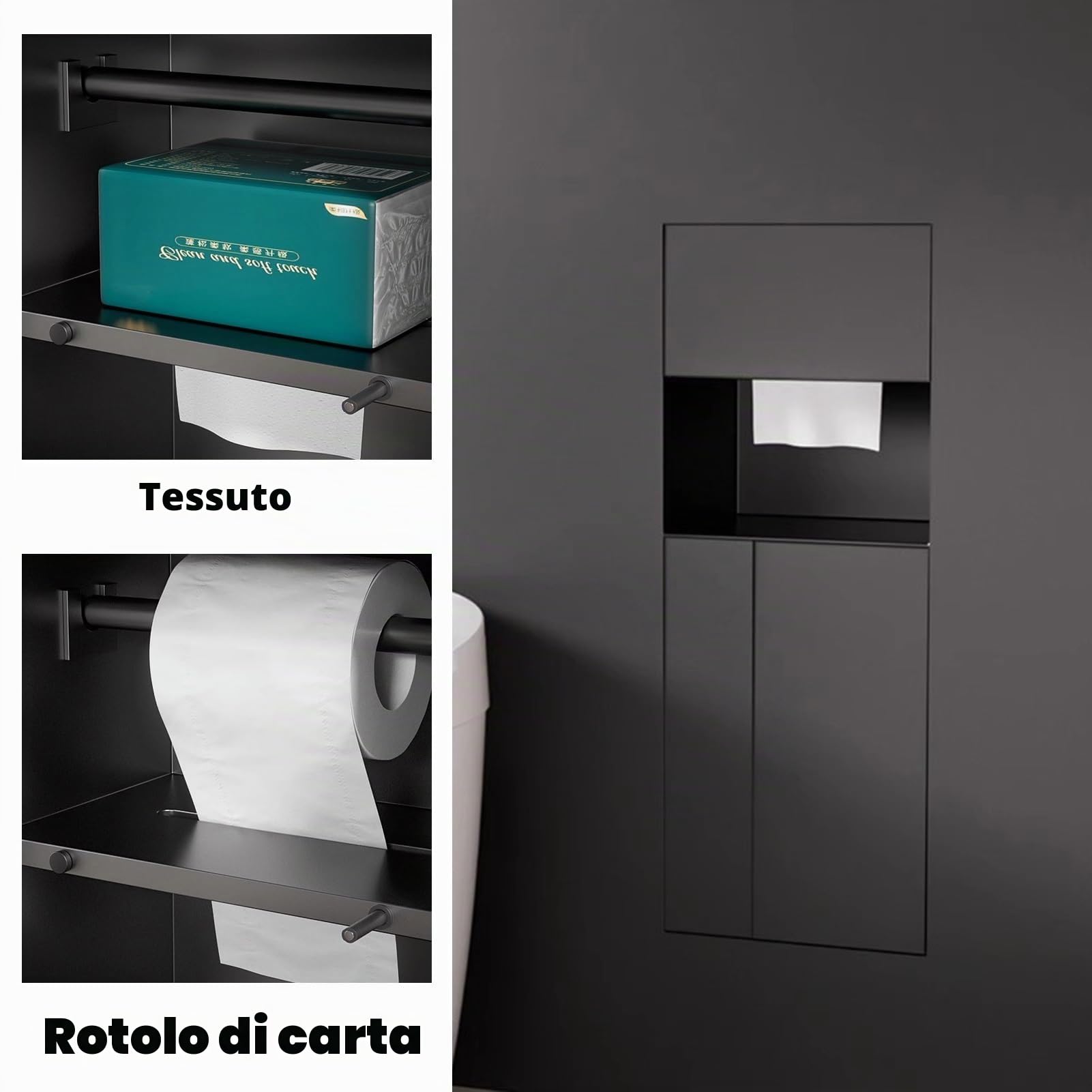 Portarotolo da Incasso per Carta Igienica per Bagno, Nicchia Doccia a Scomparsa Piastrellabile, Dispenser Carta Igienica Incasso con Cestino per i Rifiuti