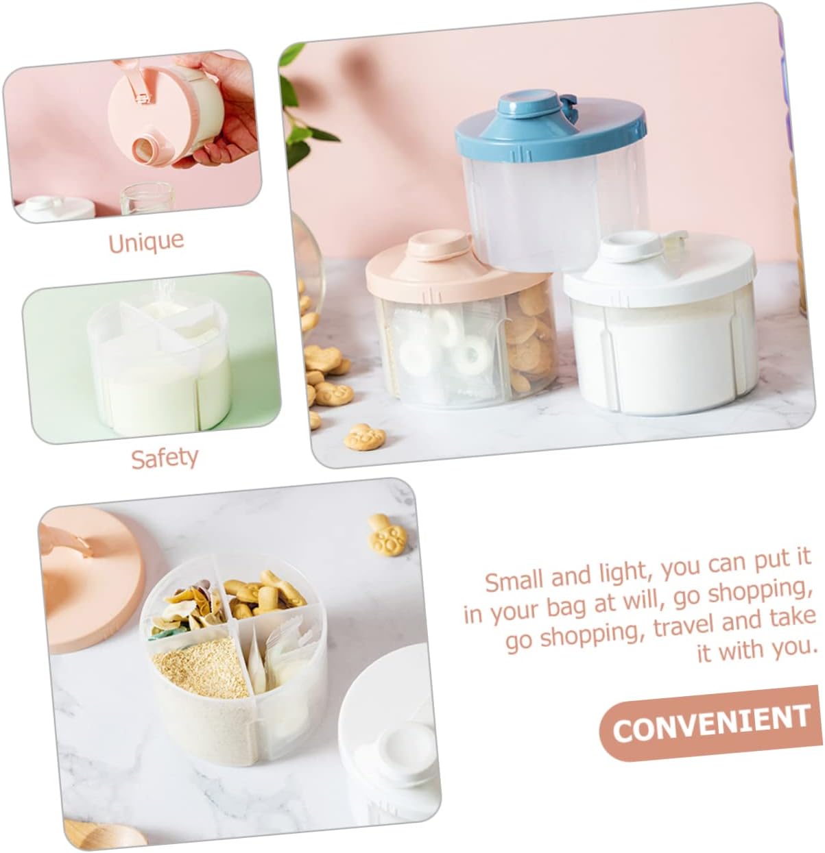 MERRYHAPY 2Pcs Portable Milk Powder Dispenser with Sealed Lid Four-compartment Storage Box for Separate Formula Food Compact Travel Container White Pink