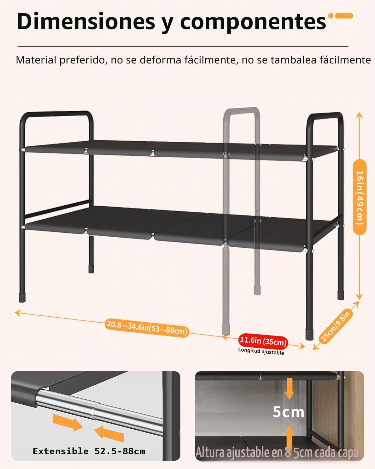Estanterías Almacenaje para Cocina – Dimensiones Ajustables de 49 x 25 x (52,5~88) cm, Estante Extensible bajo Fregadero en Acero Inoxidable, Organizador Armario (8 Paneles)