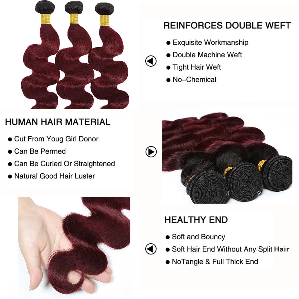 Ombre Burgundy Bundles 1B99J Body Wave Human Hair Bundles 24 26 28 Inch Red Bundle Human Hair Quick Weave Brazilian Virgin Remy Hair Extensions Double Weft 3Pcs/Set
