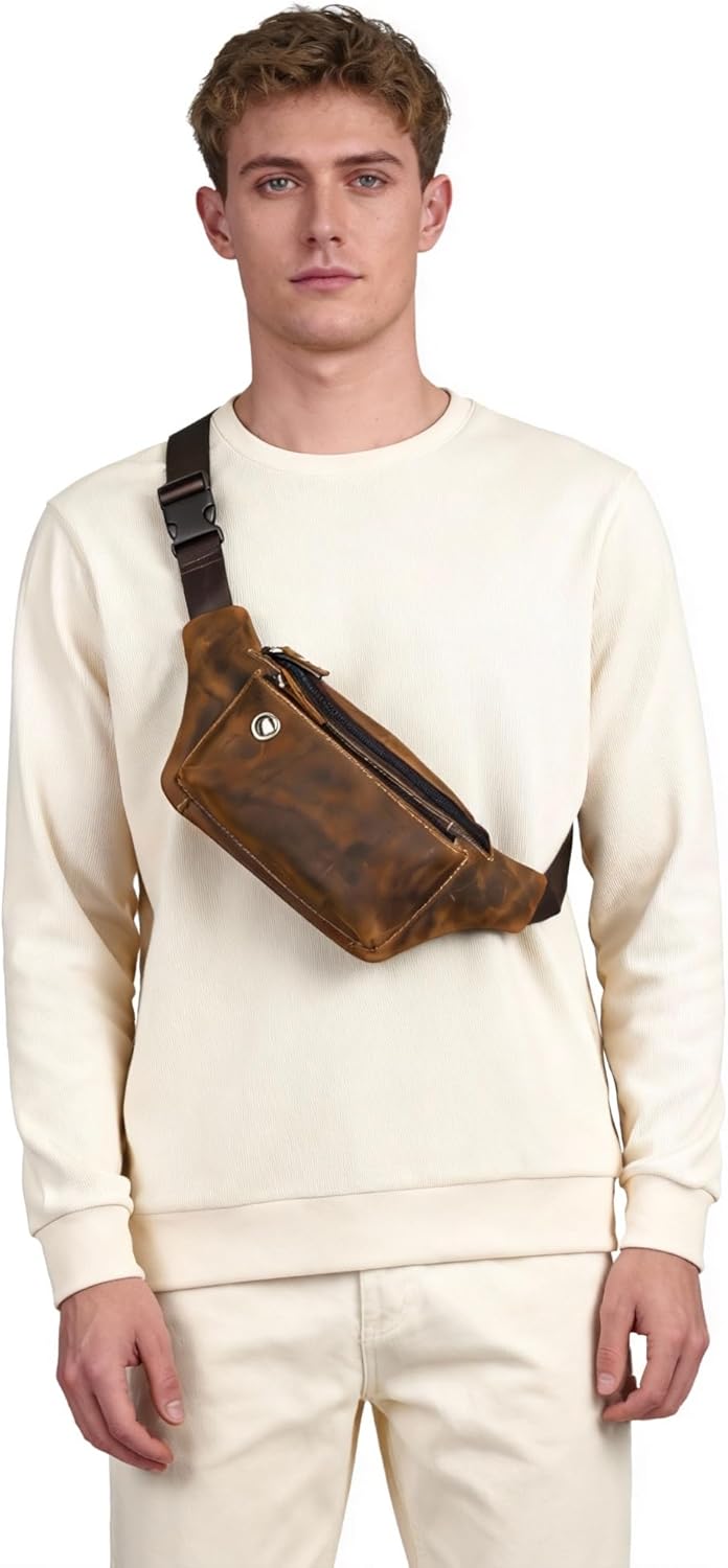 Water Resistant Canvas + Leather Hiking Riding Travel Fanny Waist Pack Small Phone Pouch For Men Women FB811-29 (W-8138-Brown) - Image 3