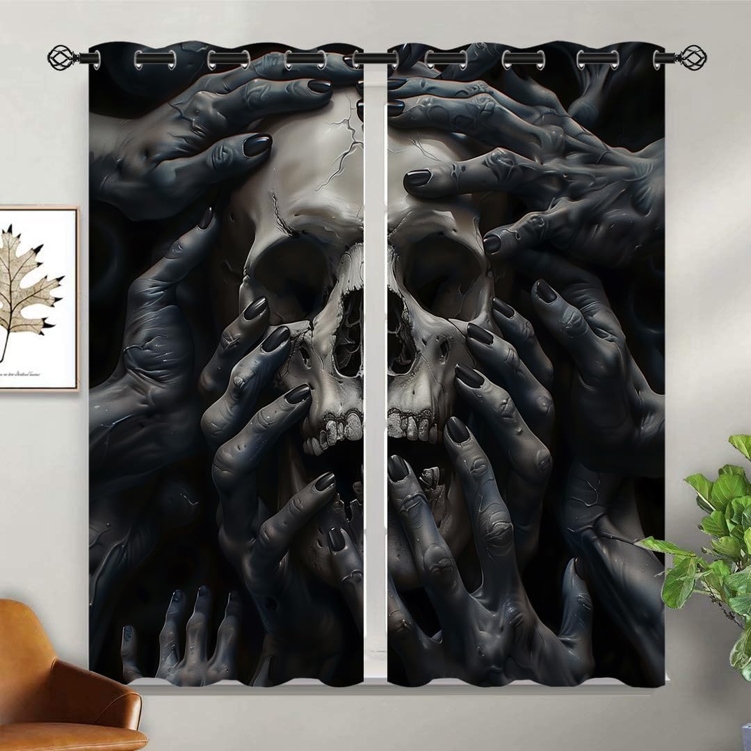Horror Skull Blackout Curtains for Girls Boy Home Decor, Halloween Scary Cursed Hands Bloody Grommet Thermal Insulated Drapes Darkening Window Curtain for Bedroom Living Room, 42 x 63 Inch