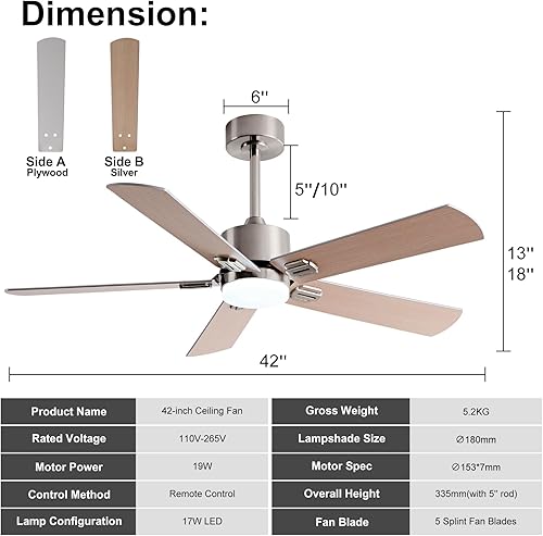 Miniatura 3 de Ventiladores de techo de 42 pulgadas con luces y control remoto, ventilador de techo moderno con luz, 5 cuchillas, luz LED regulable, motor de CC de