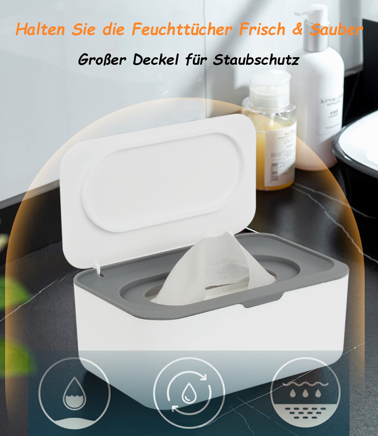 Nahaufnahme der Seposeve Feuchttücher Box im geschlossenen Zustand, die ihren Staubschutzdeckel zeigt.