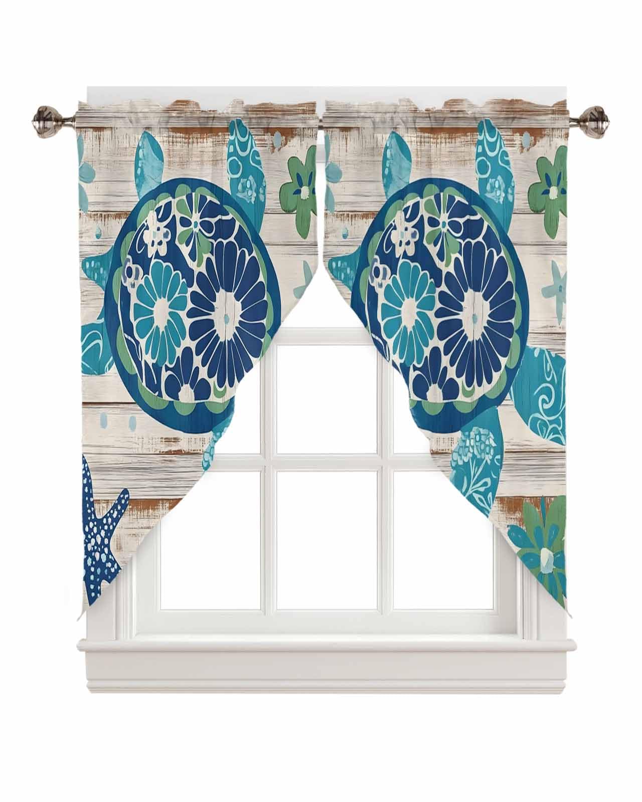 FuturehomeStar Swag Curtain Valance for Windows, Boho Floral Turtle on Wood Rod Pocket Kitchen Swag Curtains, Vintage Marine Animal Swag Valances for